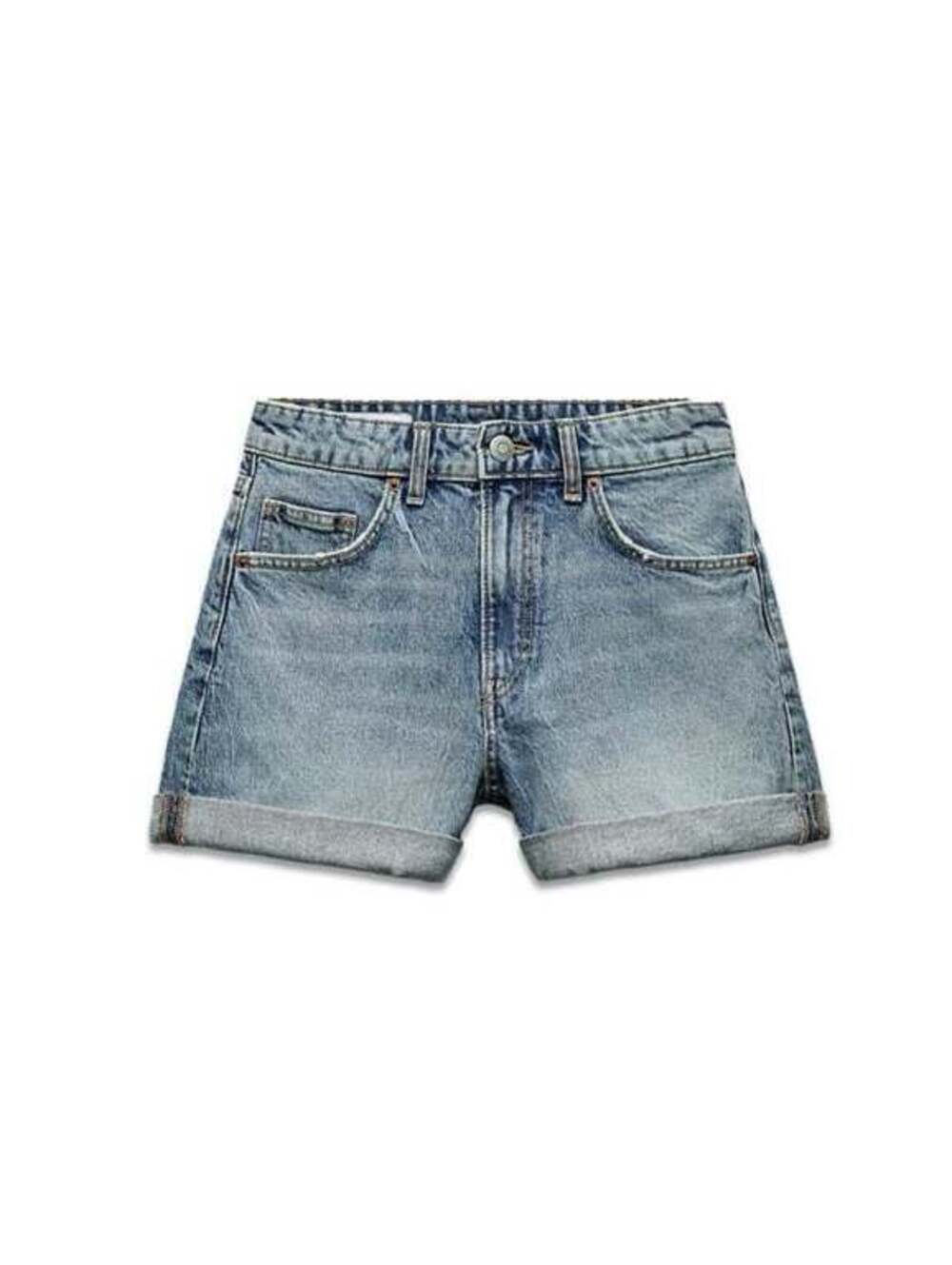 Zara Women's high waisted mom fit Cuffed Denim Shorts Light Wash